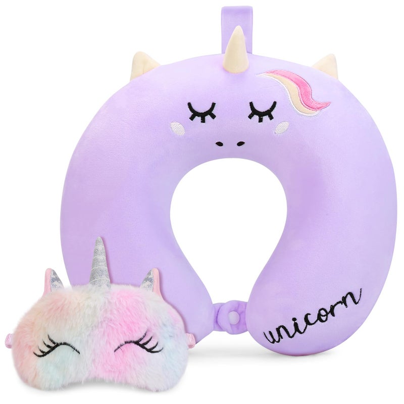 OBloved Kids Neck Pillow for Traveling, Unicorn Kids Travel Pillow with Eye Mask, Toddler Travel Essentials for Road Trip Airplane Flight Car Seat, Cute Cartoon Headrest Memory Foam Pillows Gift for Girl Boy - Image 1